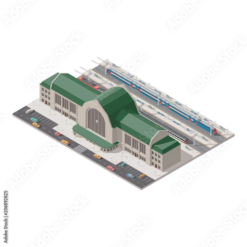 Elements of infographics passenger railway station low poly isometric icon set