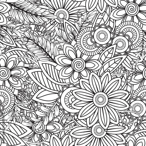 Hand drawn seamless pattern with leaves and flowers. Doodles floral ornament. Black and white decorative elements. Perfect for wallpaper, adult coloring books, web page background, surface textures.