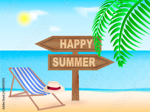 Sea beach. Wooden pointer Happy Summer. Vector illustration