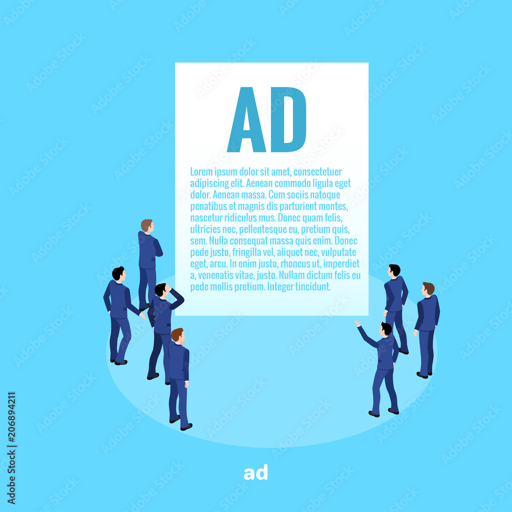 people in business suits stand near a large advertisement, an isometric image people in business suits stand near a large advertisement, an isometric image