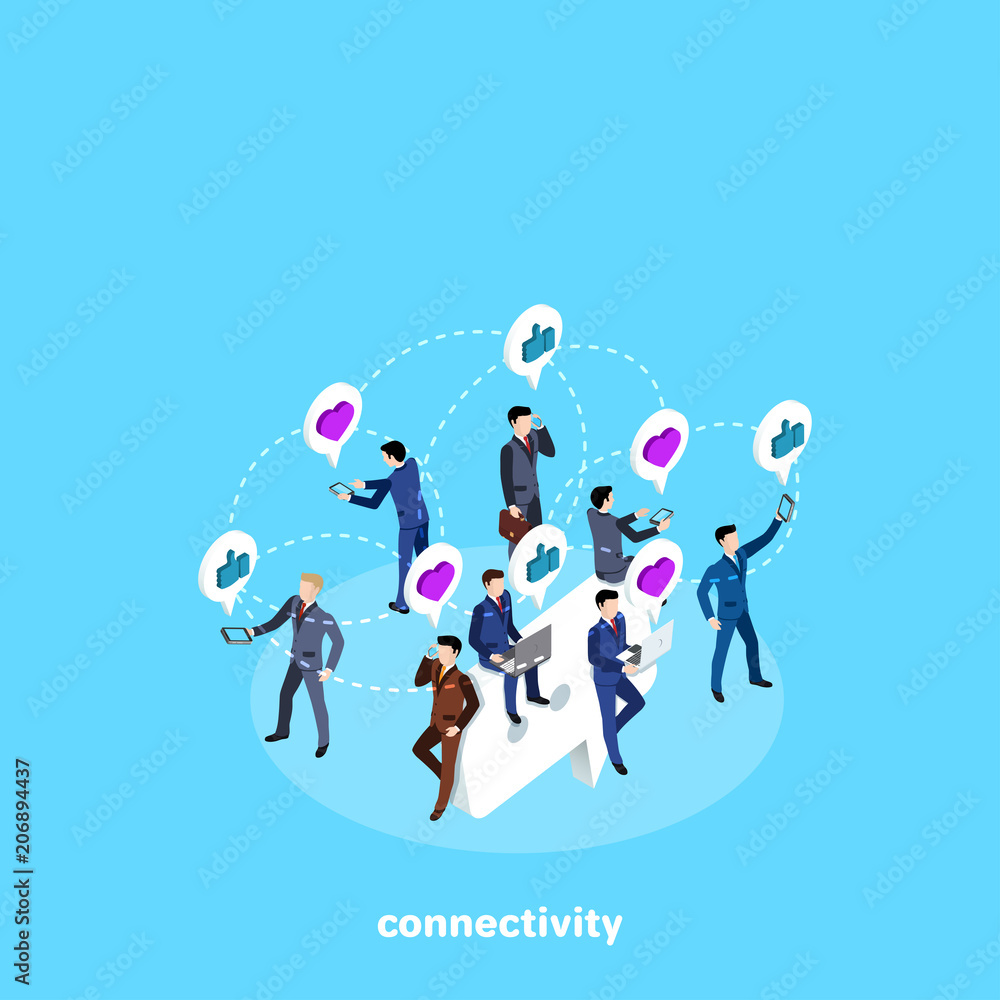 men in business suits with gadgets exchange messages and likes, isometric image