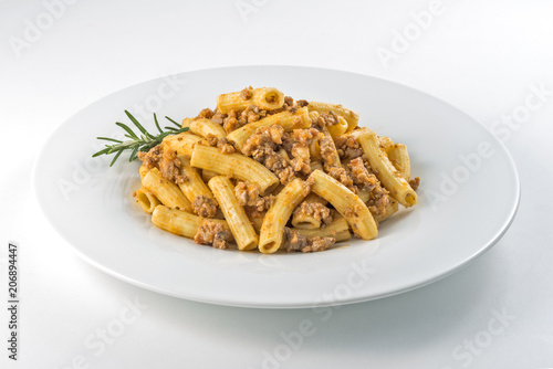 Plate of macaroni pasta with Bolognese ragù