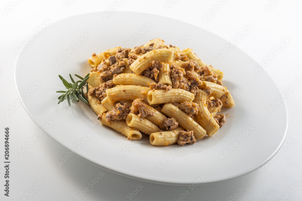Plate of macaroni pasta with Bolognese ragù Plate of macaroni pasta with Bolognese ragù