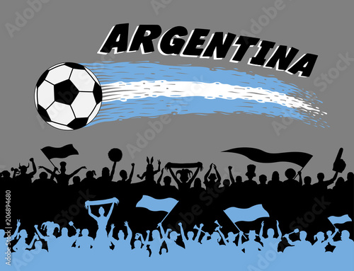 Argentina flag colors with soccer ball and Argentinian supporters silhouettes