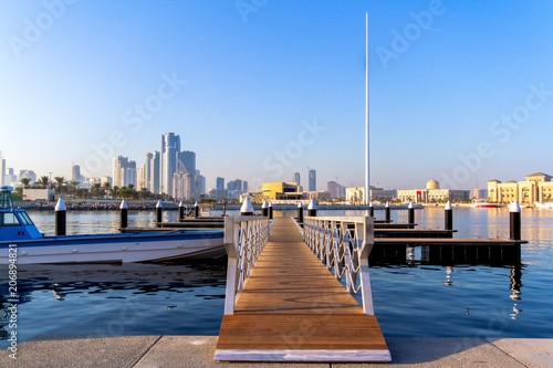 Sharjah marina early morning boat docked in the bay on 26th November 2016 photo