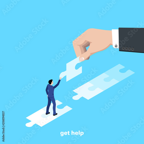man in business suit gathers road from puzzle pieces, isometric image