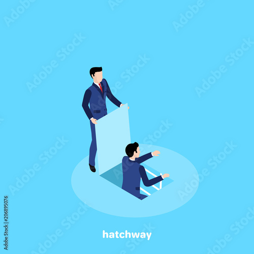 a man in a business suit climbs out of an open hatch, an isometric image