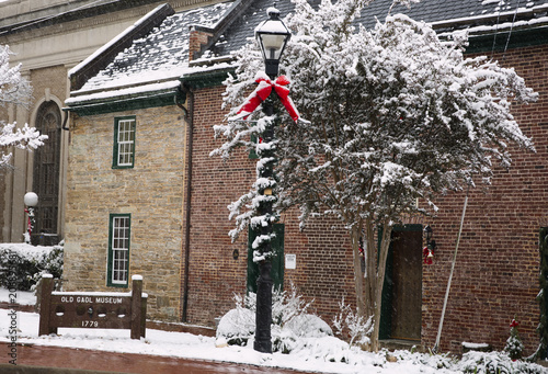 Old jail in Warrenton Virginia at Christmas time in the snow in Fauquier County