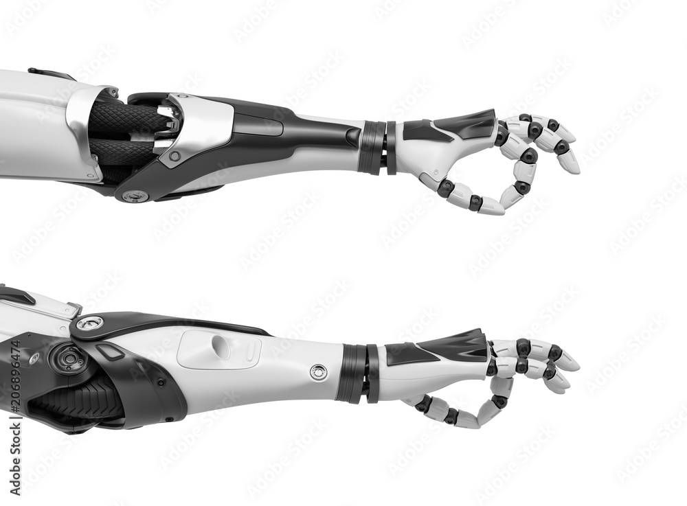 3d rendering of two robot arms with hand fingers in Ok gesture from back and front side of the palm. 3d rendering of two robot arms with hand fingers in Ok gesture from back and front side of the palm.