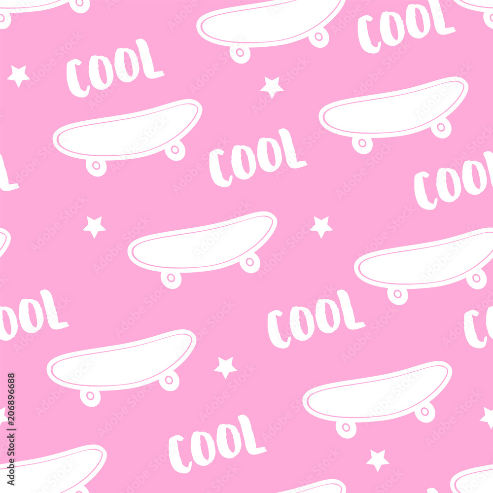 Summer pattern with skateboard and text Cool on pink background. Ornament for textile and wrapping. Vector. Summer pattern with skateboard and text Cool on pink background. Ornament for textile and wrapping. Vector.