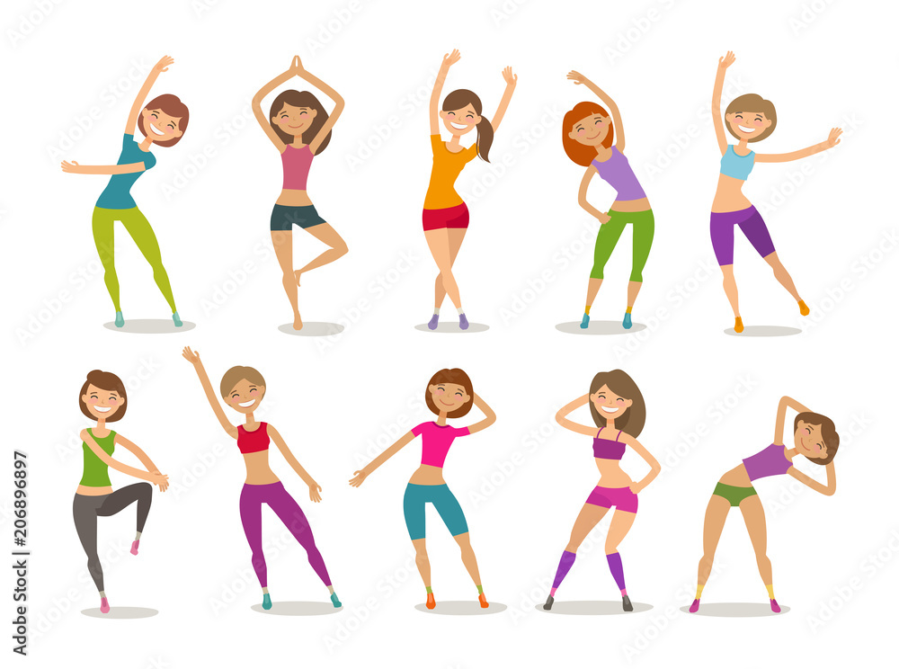 Girl or young woman engaged fitness in gym. Sport, aerobics, healthy lifestyle concept. Funny cartoon vector illustration