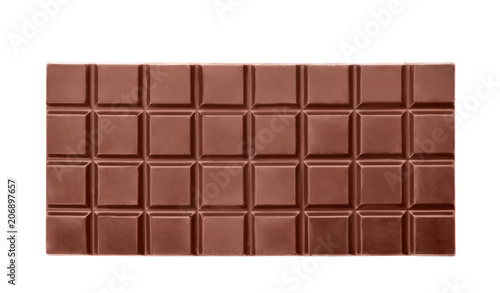 Delicious black chocolate bar on white background, top view