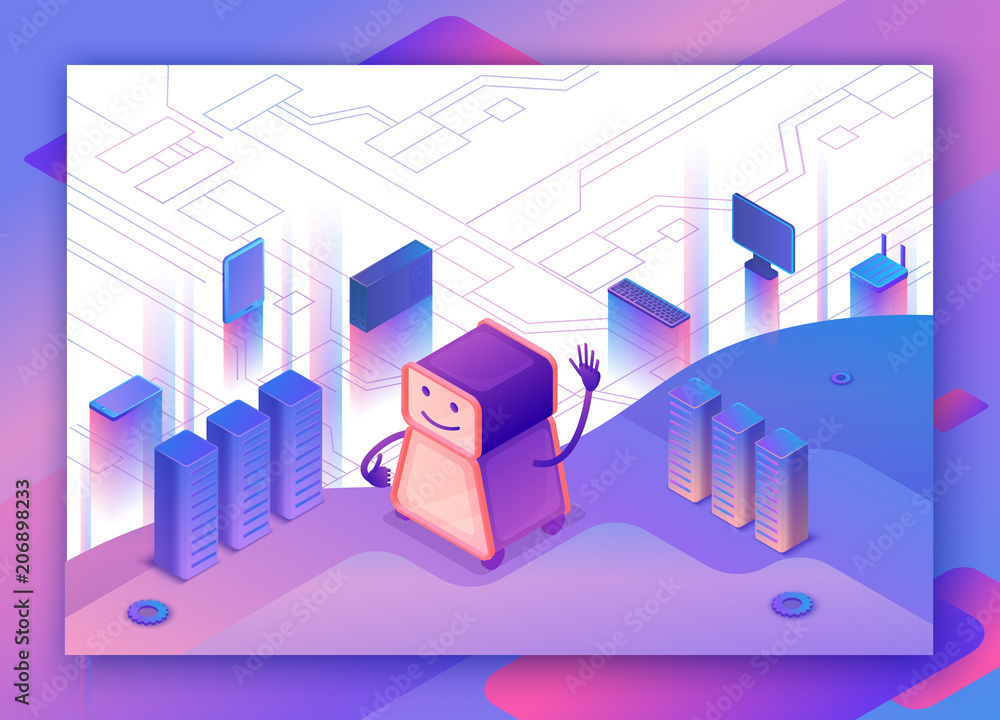 Fototapeta premium Artificial intelligence concept with robot and network, isometric 3d illustration with smartphone, laptop, mobile gadget, modern data storage banner, landing page background
