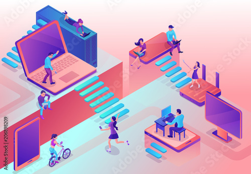 Chatbot service isometric illustration with modern hipster people communicating by gadgets, smartphone, mobile chat technolodgy concept, message app, landing page template © Nadya_C