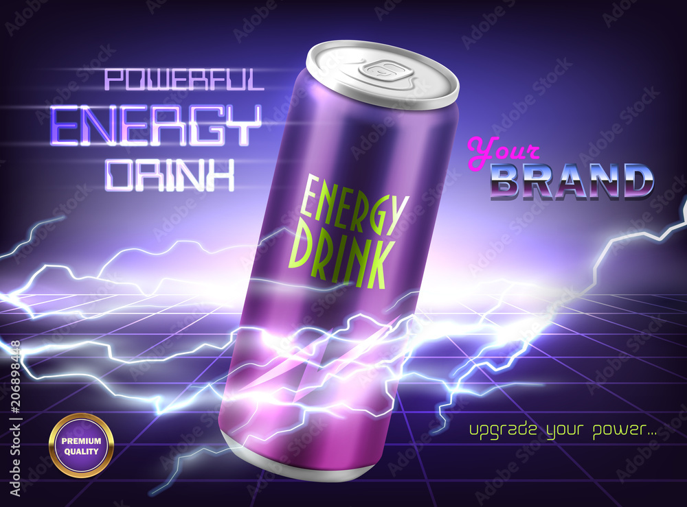 Vector promotion banner of powerful energy drink. Aluminum can with carbonated tonic, soda, alcoholic beverage on purple background with lightnings and electrical discharges. Mockup for brand design Vector promotion banner of powerful energy drink. Aluminum can with carbonated tonic, soda, alcoholic beverage on purple background with lightnings and electrical discharges. Mockup for brand design