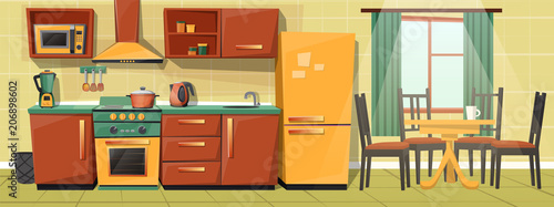 Vector cartoon interior of family kitchen - counter with appliances, furniture. Household objects, cooking, dining room
