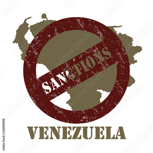 Sanctions against the Venezuela. Stamp with the inscription sanctions on the background of the map of Venezuela.