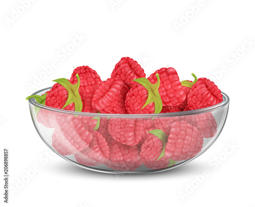 Vector realistic glass bowl with heap of red ripe raspberry isolated on background. Natural summer fruit, forest berry with sweet taste. Ingredient for juices, jams, yogurts. Mockup for your design