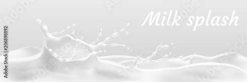 Fototapeta Vector realistic white milk splash, flowing yogurt or cream isolated on background