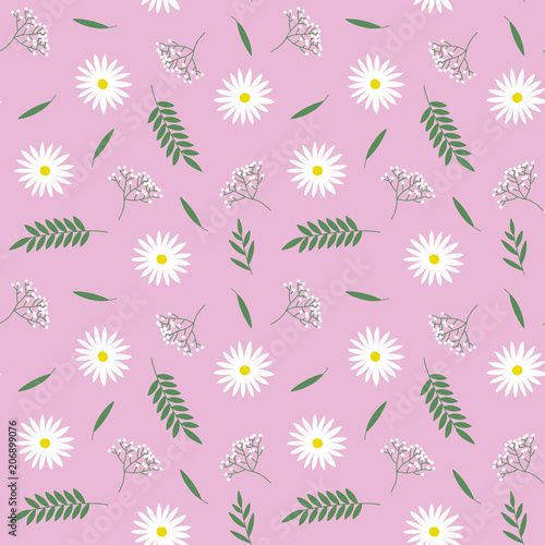 spring small white flowers green leaves branches pattern on a pink background seamless vector