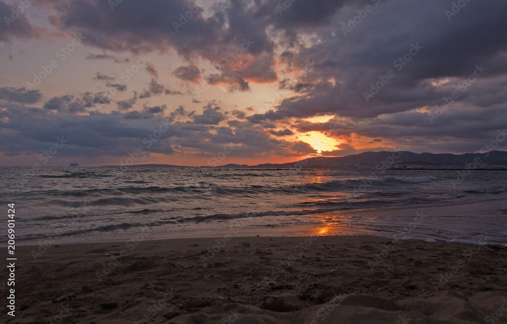 Sunset from sandy beach  in Mallorca