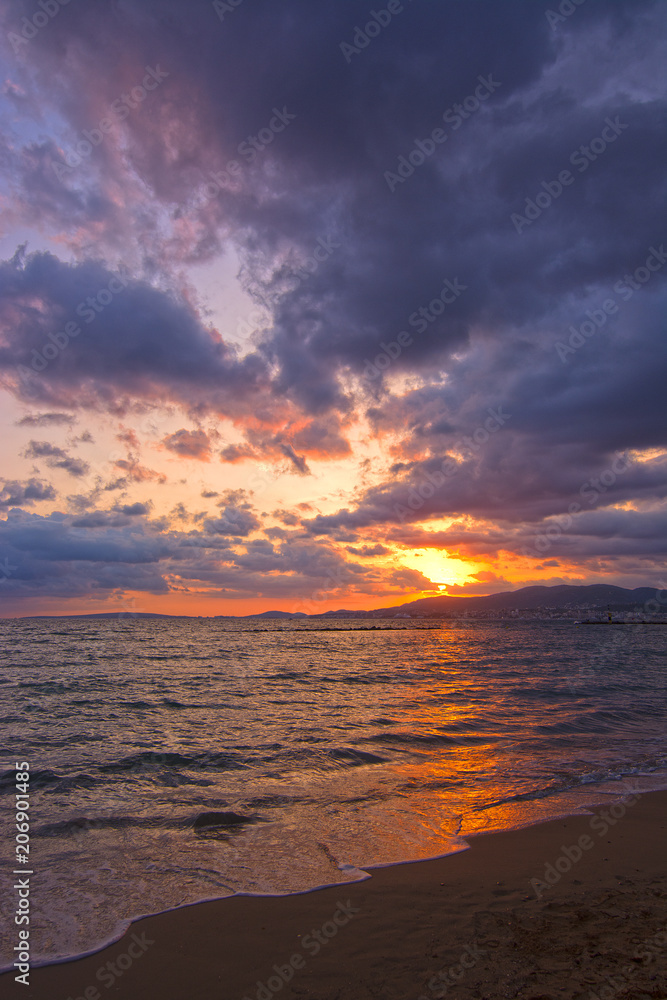 Sunset from sandy beach  in Mallorca