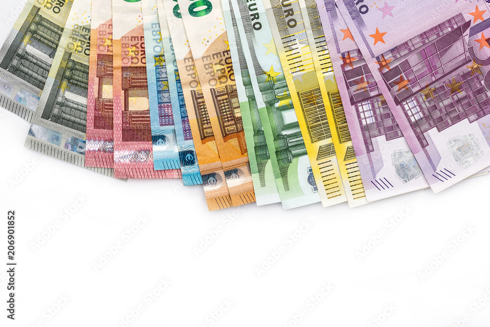 Euro banknotes isolated on white background, closeup
