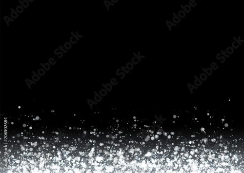 Silver glitter texture. Irregular confetti border on a black background. Christmas or party flyer design element. Vector illustration.
