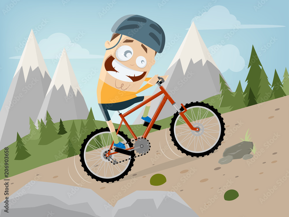 funny cartoon man is riding a mountain bike with landscape background Stock  Vector | Adobe Stock