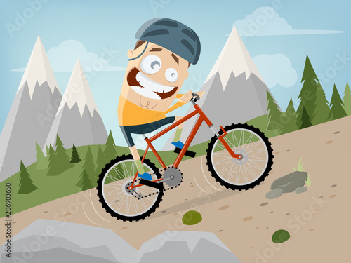 funny cartoon man is riding a mountain bike with landscape background