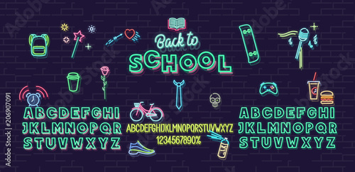 Neon back to school icons and font set isolated on brick wall background. For logo, poster, banner. Headline and small condensed uppercase letters.