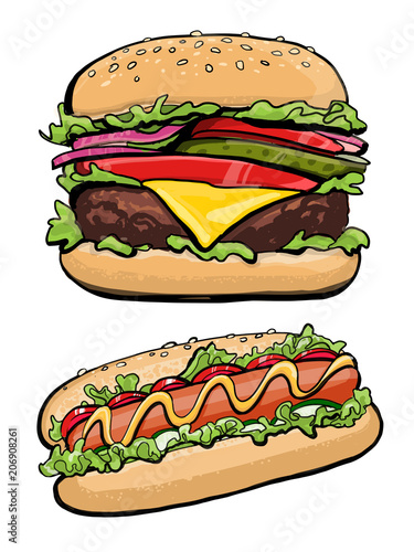 Hotdog and burger illustration fast food, vector