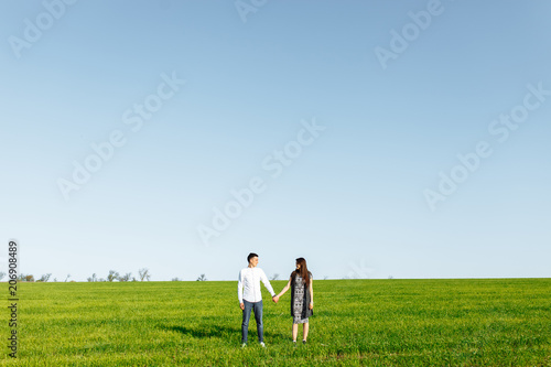 a young, happy, loving couple, standing in a green field, against the sky by the hands , and enjoy each other, advertising, and inserting text