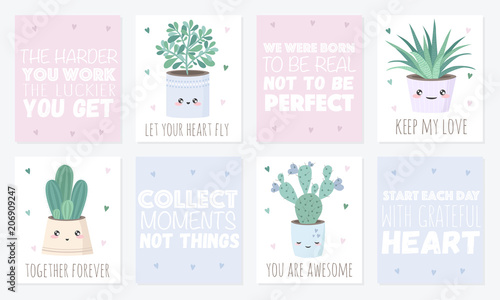 Vector set of cute postcards with house plants