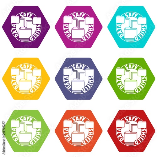 Data save shield icons 9 set coloful isolated on white for web