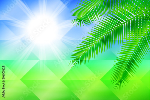 Sunny background with palm leaves. Polygonal illustration consist of hexagonal elements. Triangular pattern for your summer travel design. Geometric background with gradient. EPS10 vector.