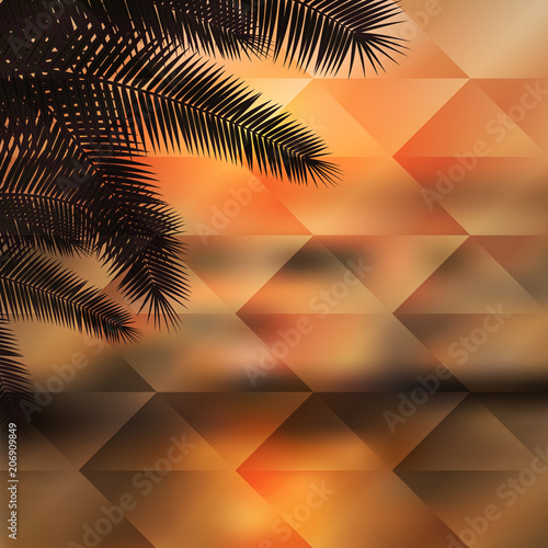 Sea sunset with palmtree leaves. Polygonal illustration consist of hexagonal elements. Triangular pattern for your summer travel design. Geometric background with gradient. EPS10 vector.