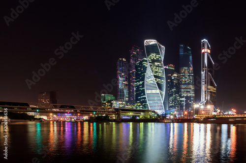 Business district of Moscow in the center of the city in colorful night lights.