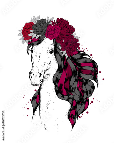 A beautiful horse in a flower wreath. Roses and peonies. Vector illustration. 