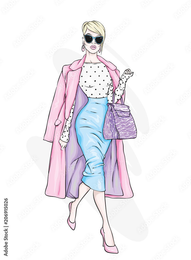 Beautiful, tall and slender girl in a stylish coat, trousers, glasses, with glasses. Stylish woman in high-heeled shoes. Fashion & Style. Vector illustration.
