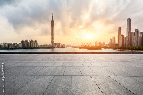 empty square floors and modern city skyline in Guangzhou at sunset,China