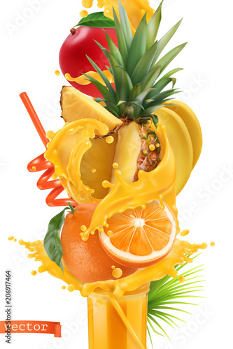 Splash of juice and sweet tropical fruits. Mango, banana, pineapple, papaya, orange. 3d realistic vector