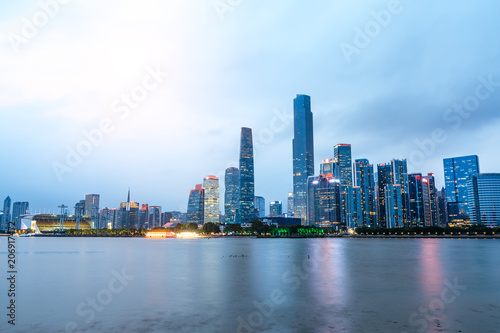 Guangzhou China modern city skyline on the zhujiang river at night