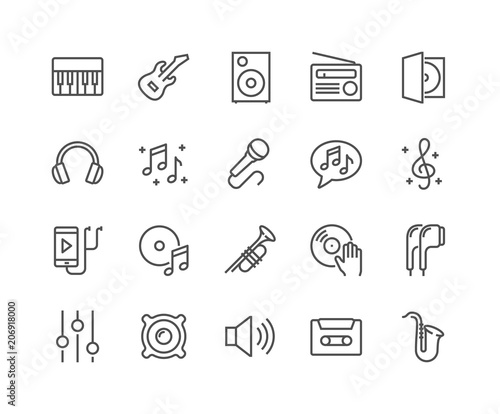 Simple Set of Music Related Vector Line Icons. Contains such Icons as Guitar, Treble Clef, In-ear Headphones, Trumpet and more. Editable Stroke. 48x48 Pixel Perfect.