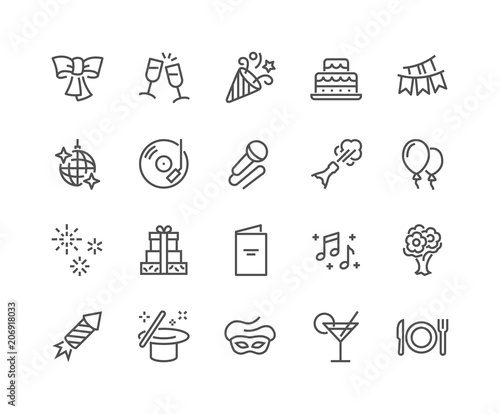 Simple Set of Related Vector Line Icons. Contains such Icons as Bouquet of Flowers, Karaoke, Dj, Masquerade and more. Editable Stroke. 48x48 Pixel Perfect.
