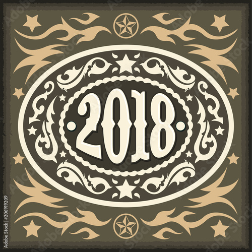 2018 year oval western cowboy belt buckle, vector illustration