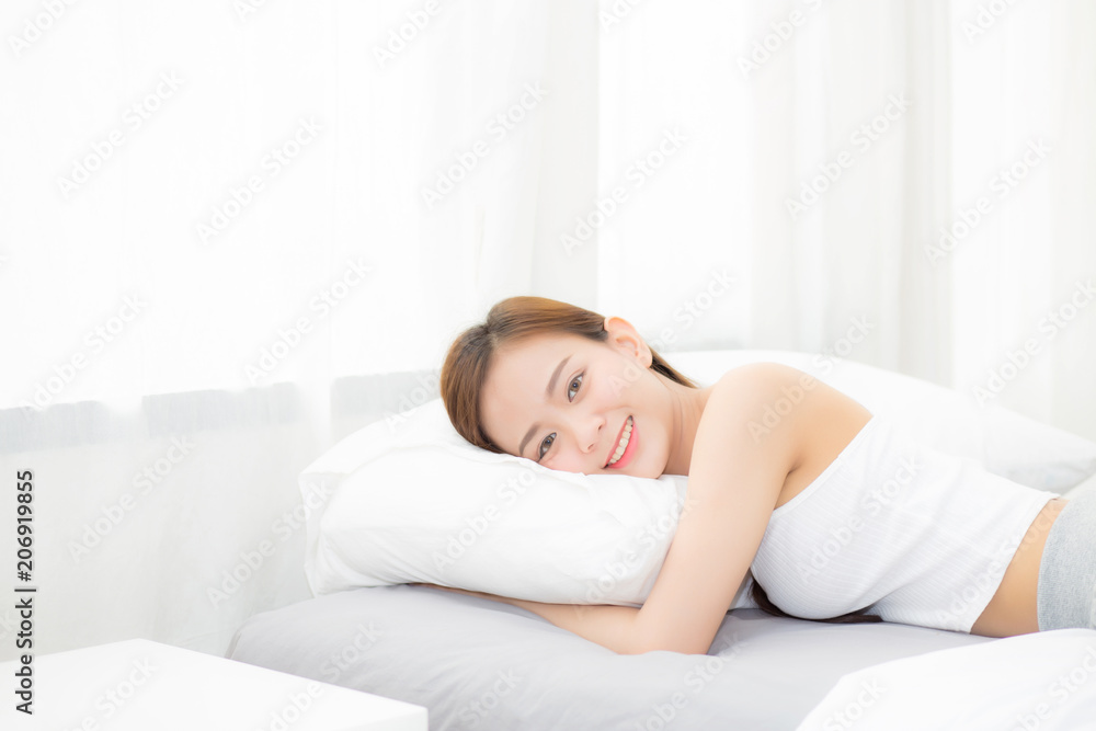 Portrait of beautiful asian young woman sleep lying in bed with head on pillow comfortable and happy with leisure, girl with relax for health and lifestyle concept. Portrait of beautiful asian young woman sleep lying in bed with head on pillow comfortable and happy with leisure, girl with relax for health and lifestyle concept.