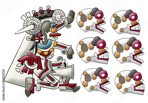 Mayan deity Mictlan, lord of underworld and skulls illustration on white background.