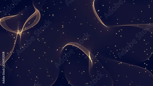 Golden wavy veils and stars on deep blue, elegant soft motion background. Transparent golden fabric or smoke flowing with glowing stars. Animation, abstract illustration, seamless loop