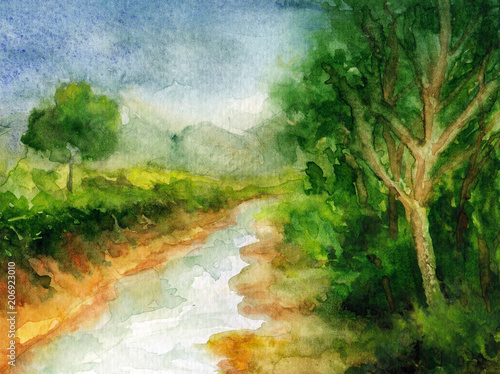 watercolor paintings - nature paintings , mountains, trees and clouds scenery